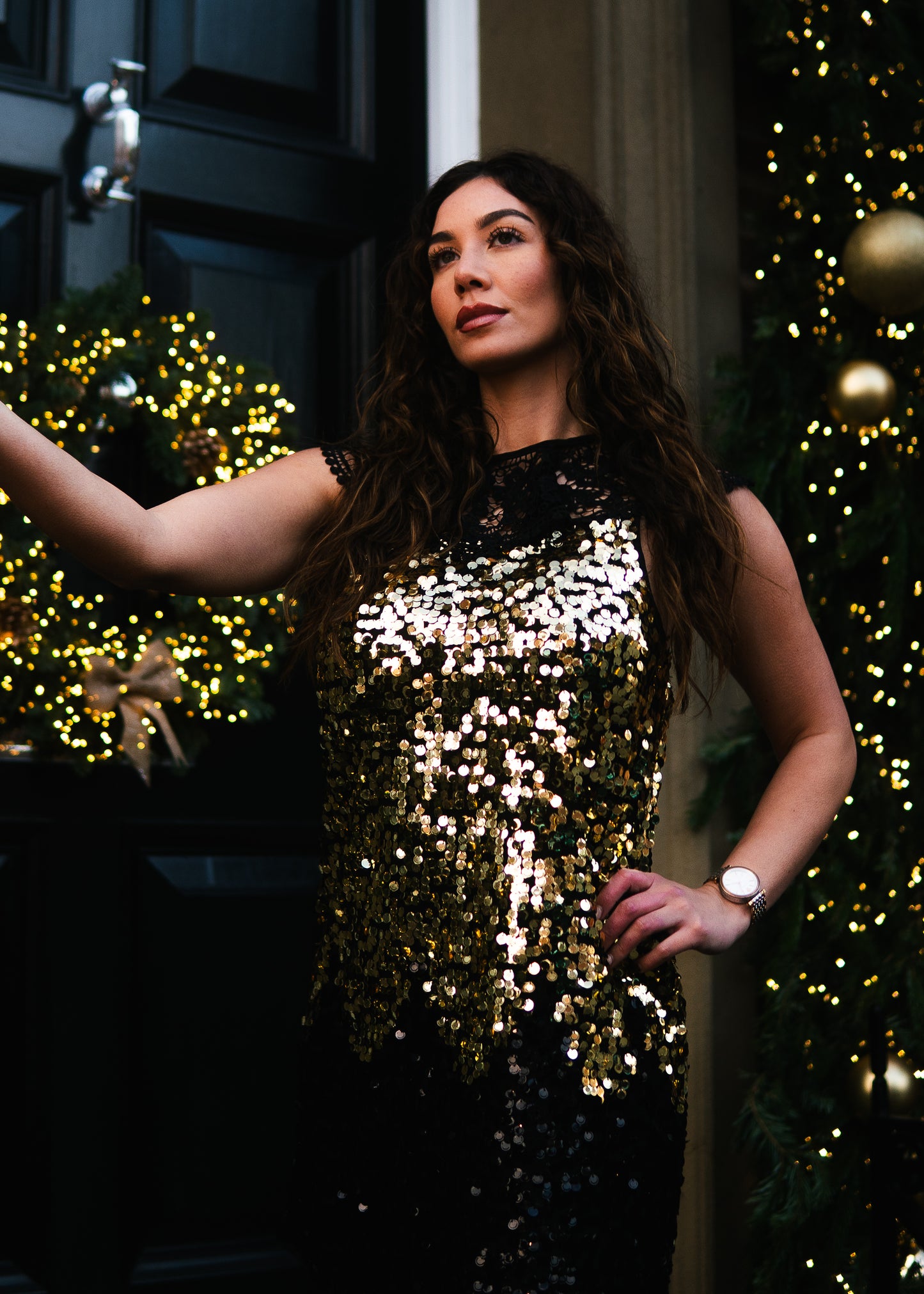 Gold and black sequin mini dress with lace detailing