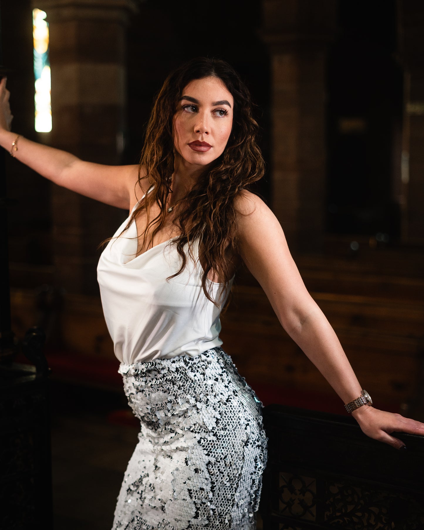 Co-ord : Sequin skirt with white strapped drop neck satin blouse set