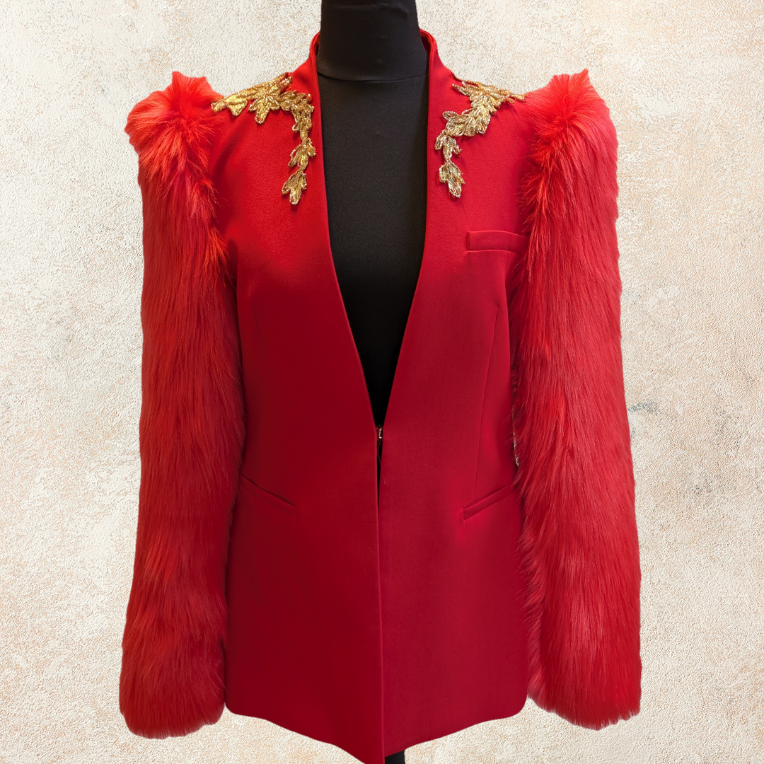 Red Blazer with Faux Fur Sleeves and Gold Applique - Stylish Jacket Design