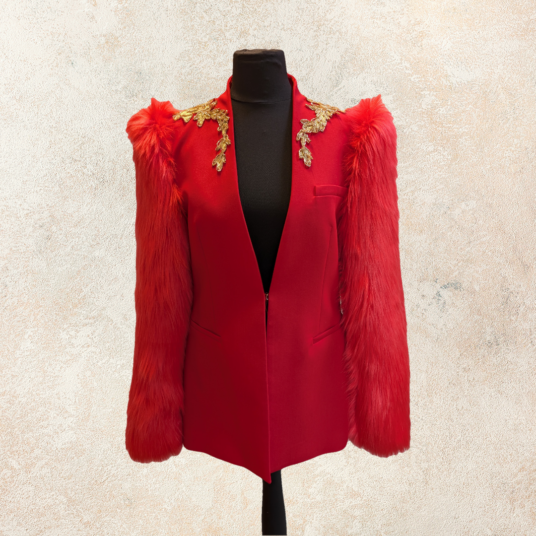 Red Blazer with Faux Fur Sleeves and Gold Applique - Stylish Jacket Design