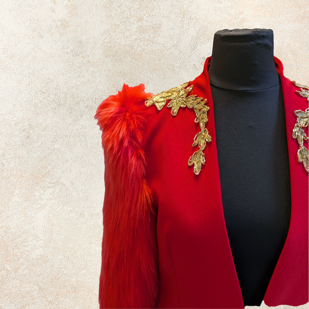Red Blazer with Faux Fur Sleeves and Gold Applique - Stylish Jacket Design