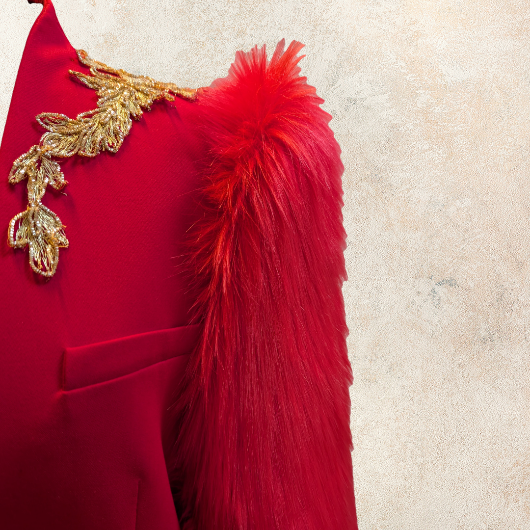 Red Blazer with Faux Fur Sleeves and Gold Applique - Stylish Jacket Design