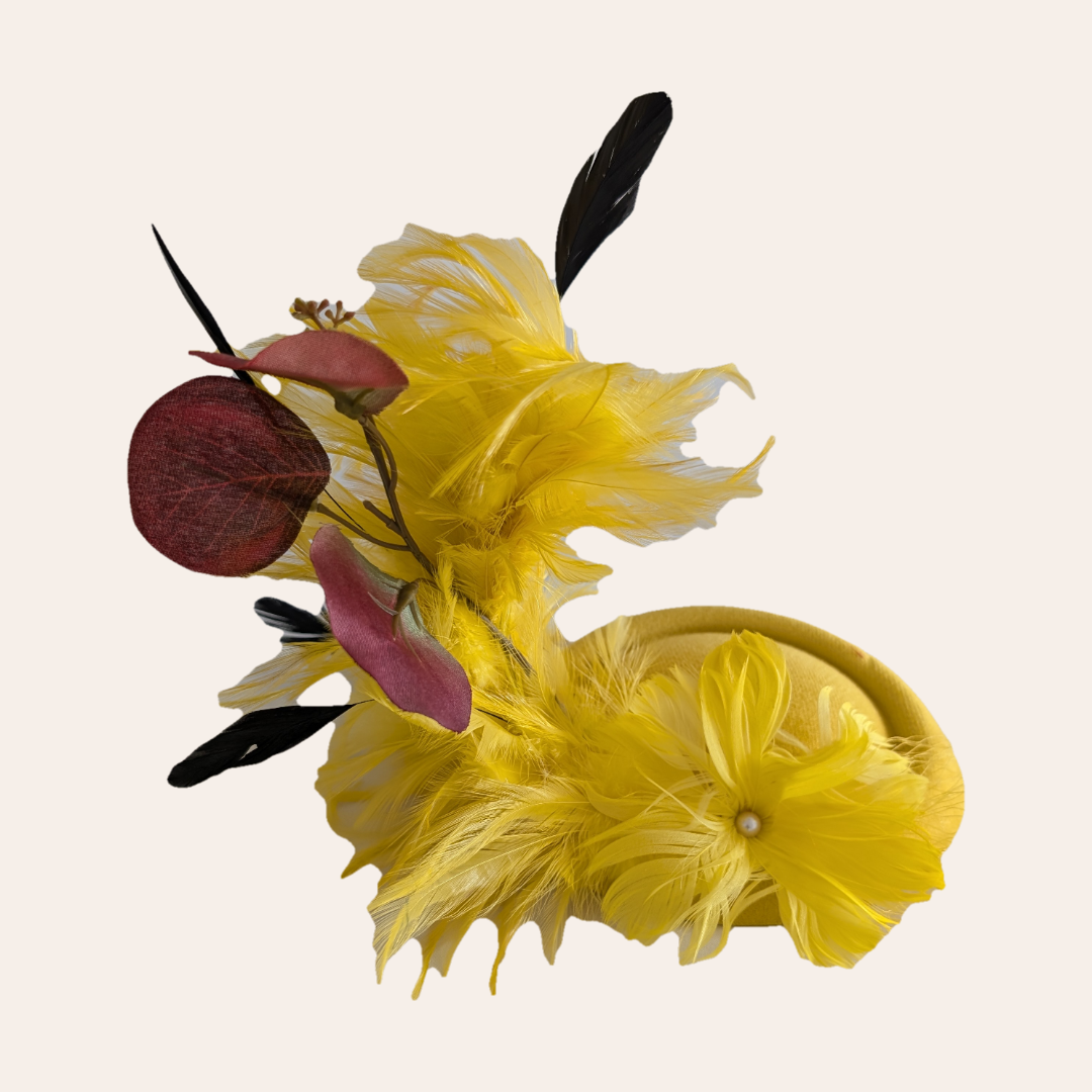Yellow feathered hat