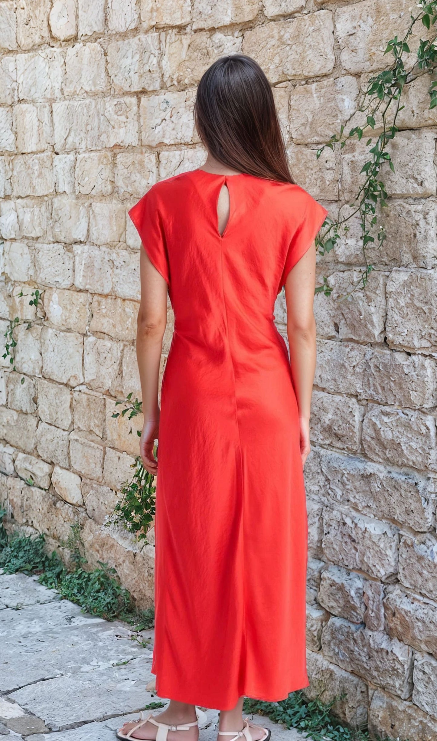 Short sleeve asymmetric midi dress in coral