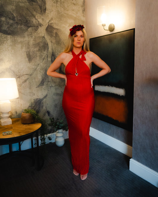Red halter bodycon dress
