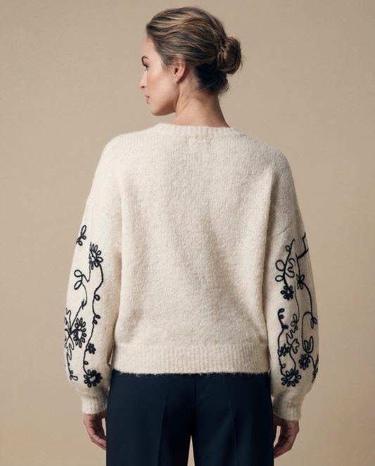 Cream thick knitted flower print sweater.