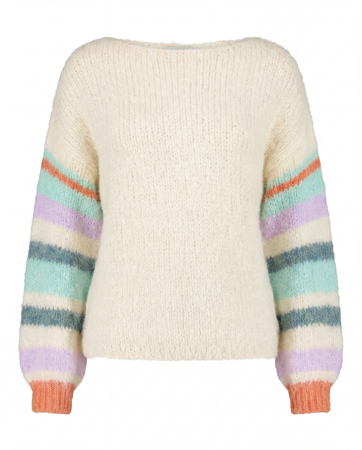 Cream knitwear with multicoloured striped sleeves.