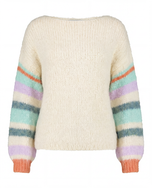 Cream knitwear with multicoloured striped sleeves.