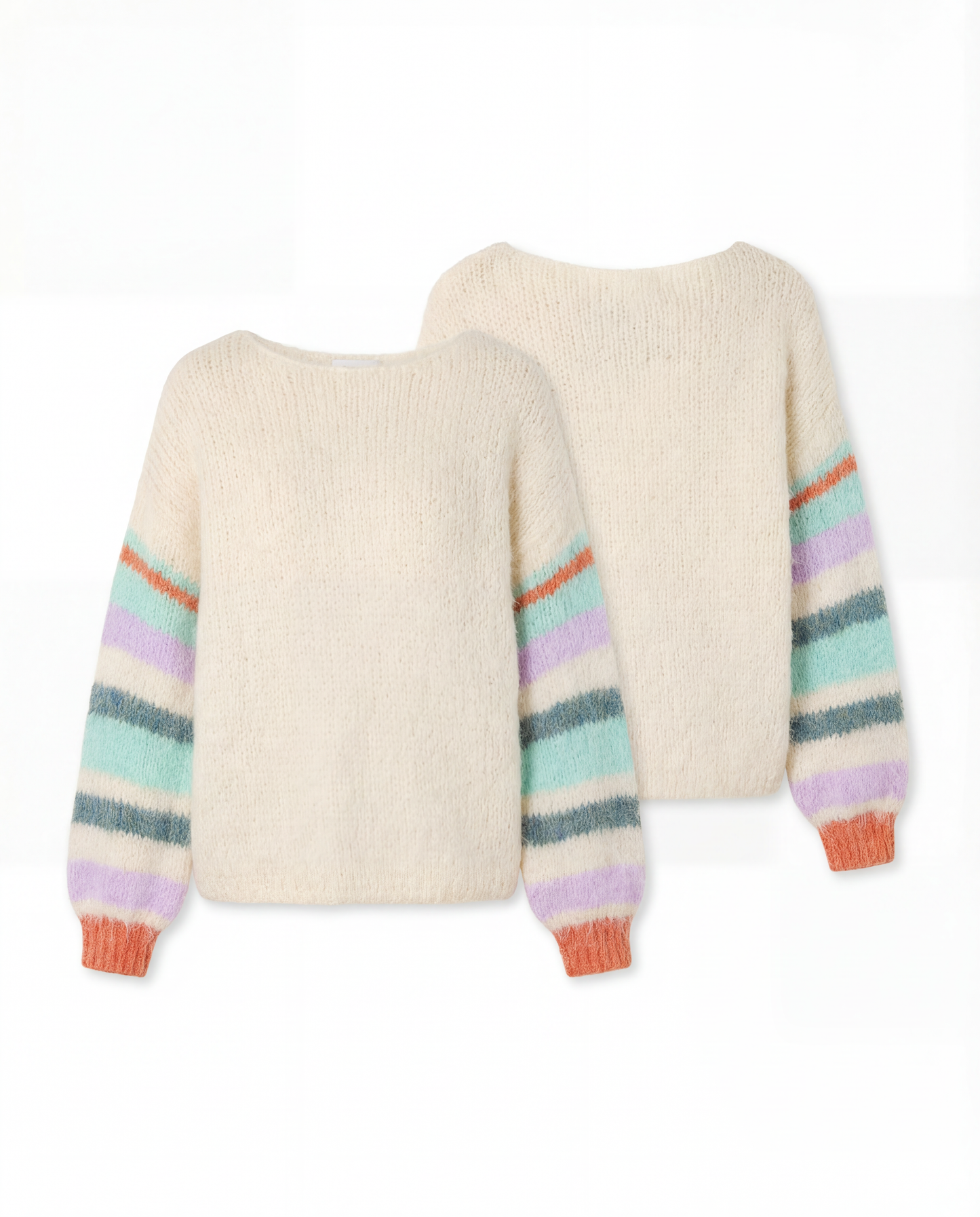 Cream knitwear with multicoloured striped sleeves.