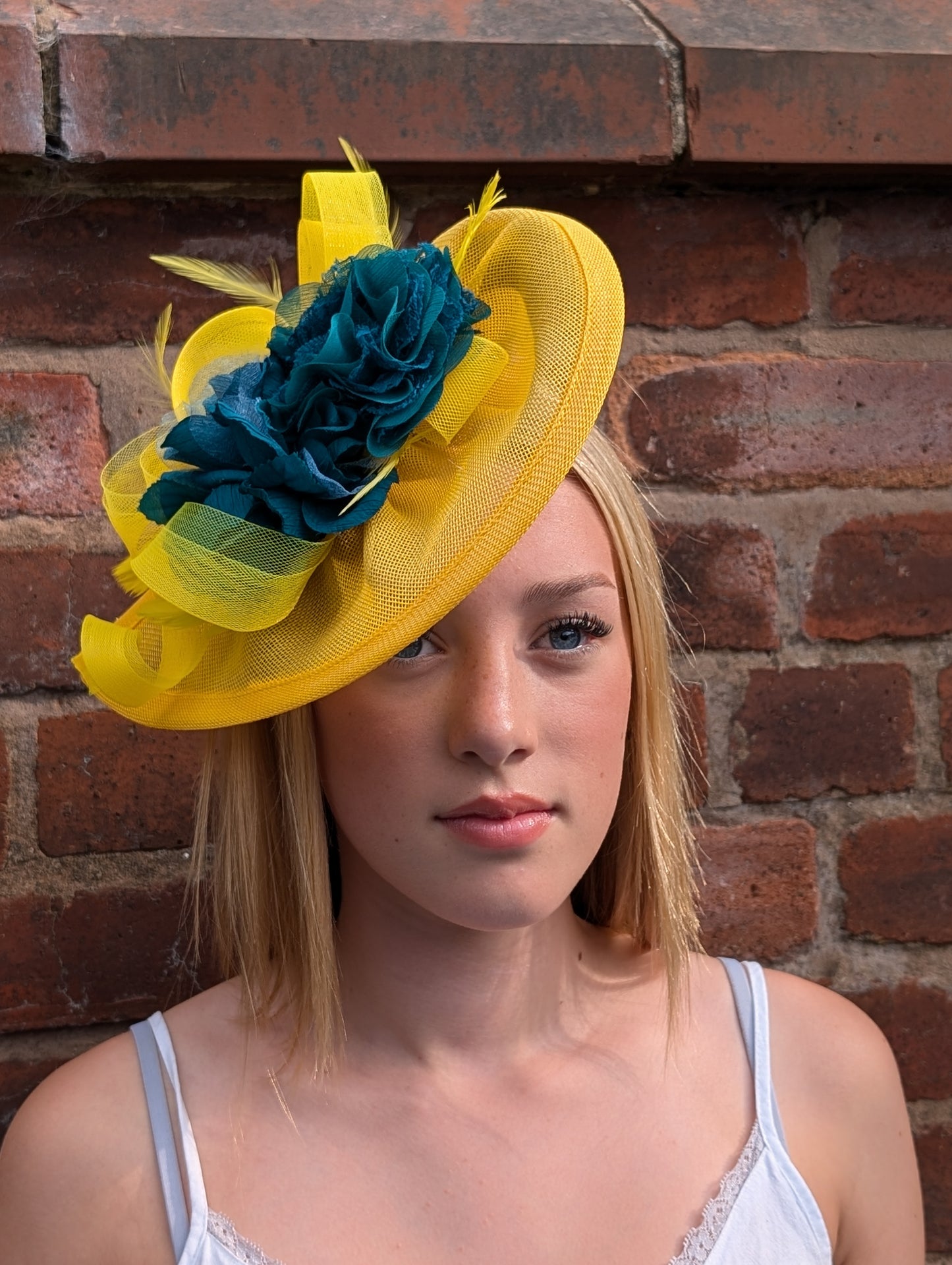 Yellow and teal flower colour pop fascinator