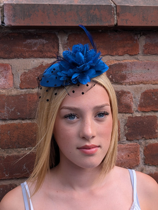 Royal blue pill box fascinator with black polka net