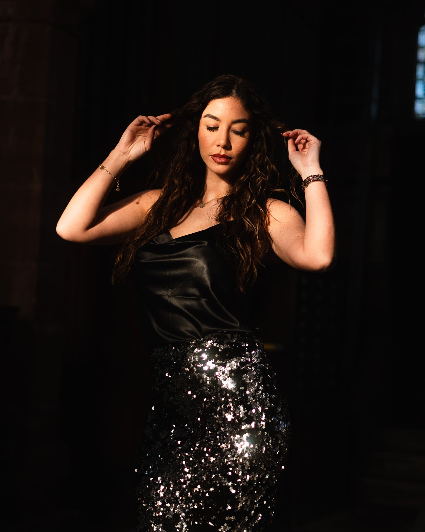 Co-ord:Black and silver Sequin mixed skirt with strap cowl neck satin top set