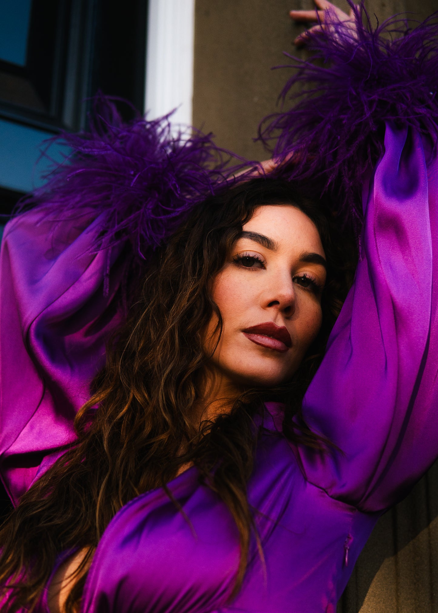 Purple Anastasia midi deep plunge dress with feather accents