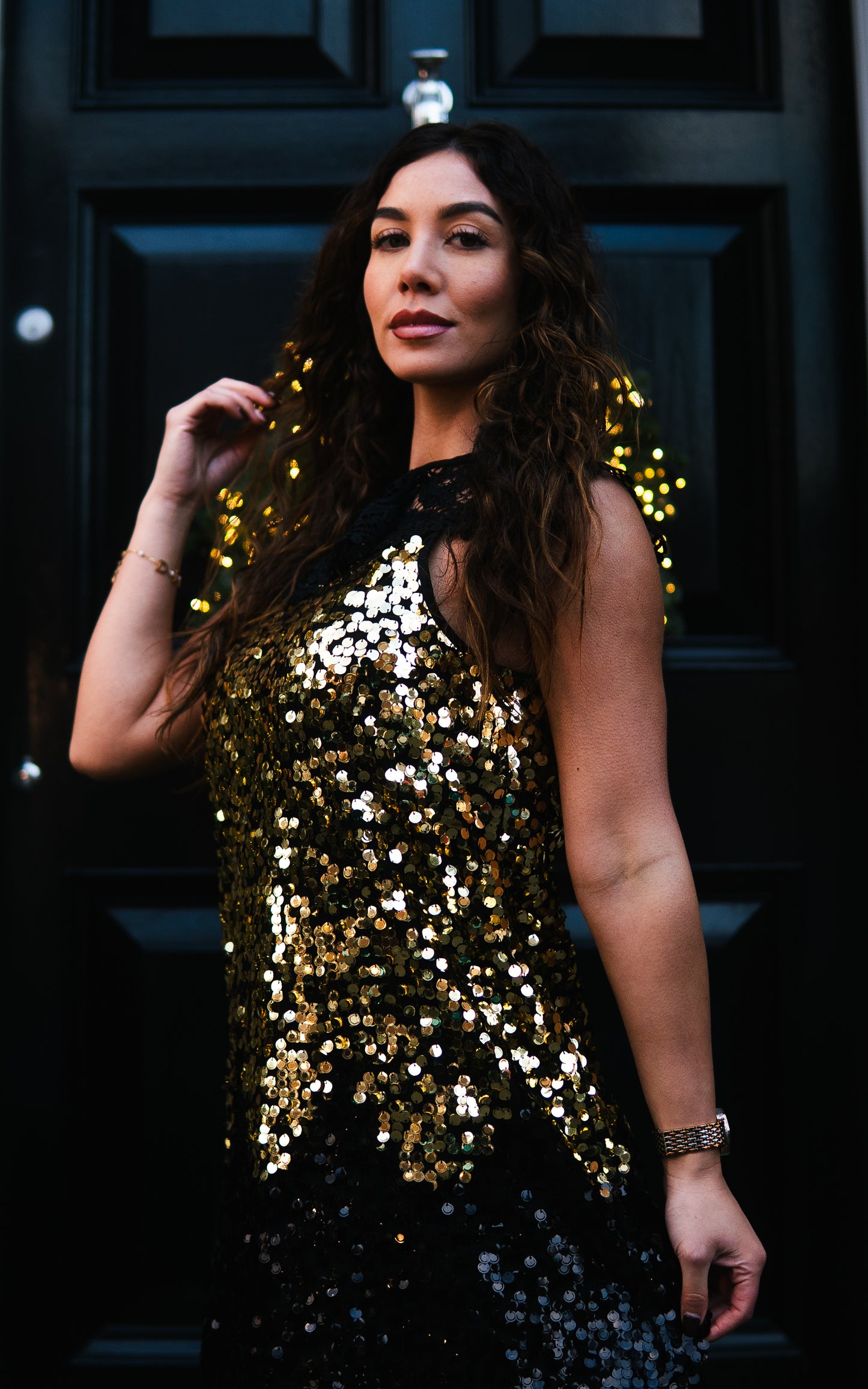 Gold and black sequin mini dress with lace detailing