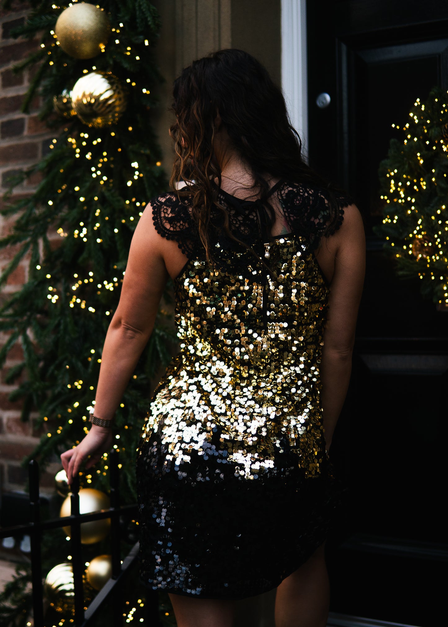 Gold and black sequin mini dress with lace detailing