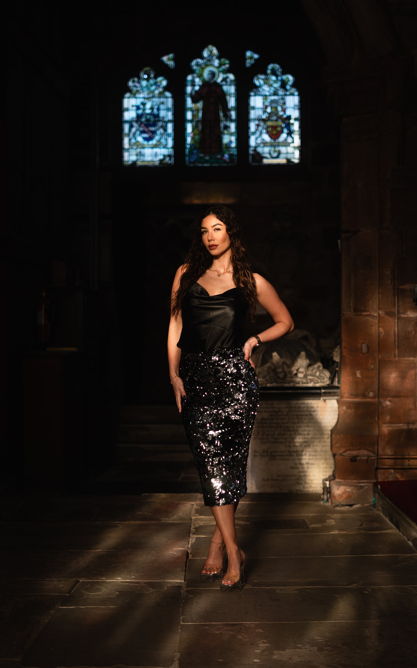 Co-ord:Black and silver Sequin mixed skirt with strap cowl neck satin top set