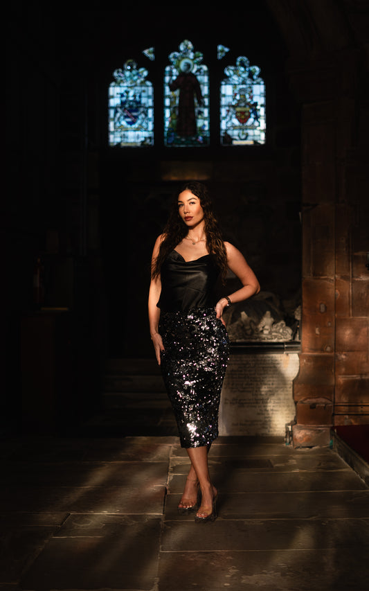 Co-ord:Black and silver Sequin mixed skirt with strap cowl neck satin top set