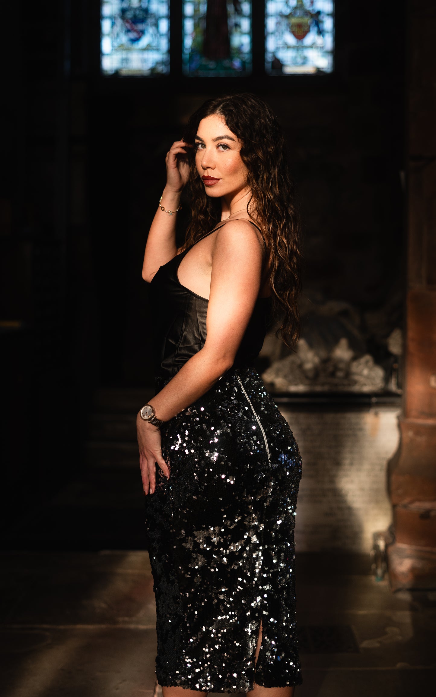 Co-ord:Black and silver Sequin mixed skirt with strap cowl neck satin top set