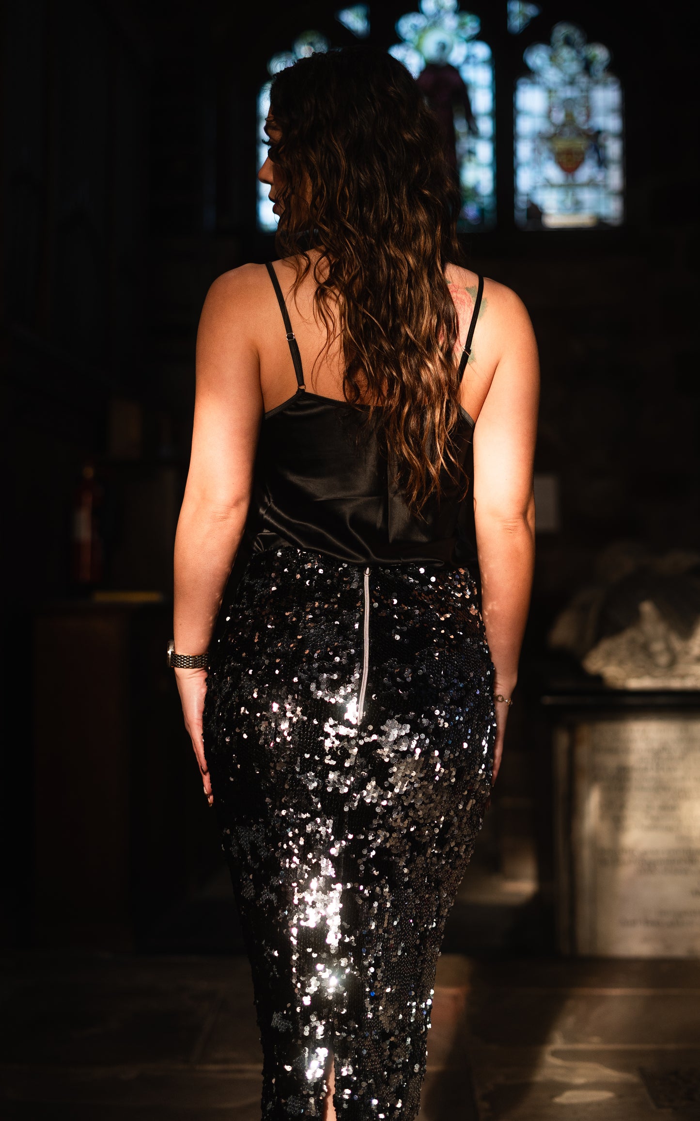 Co-ord:Black and silver Sequin mixed skirt with strap cowl neck satin top set