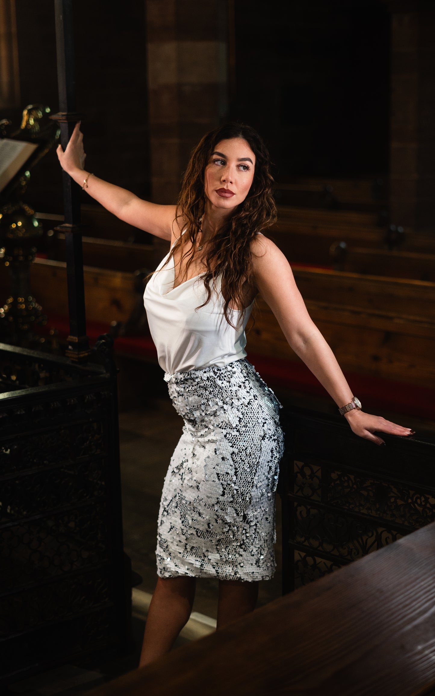 Co-ord : Sequin skirt with white strapped drop neck satin blouse set