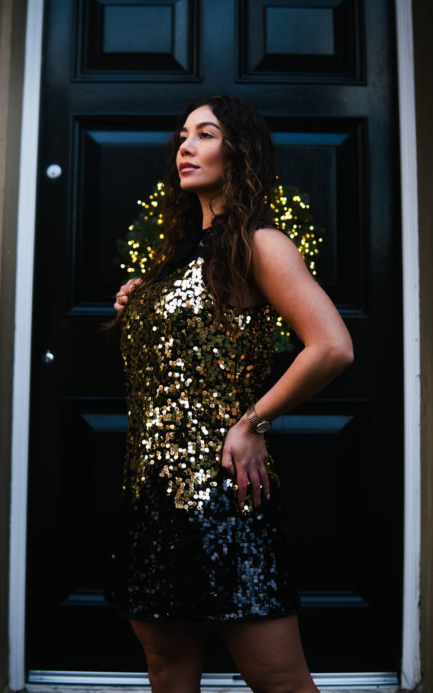 Gold and black sequin mini dress with lace detailing