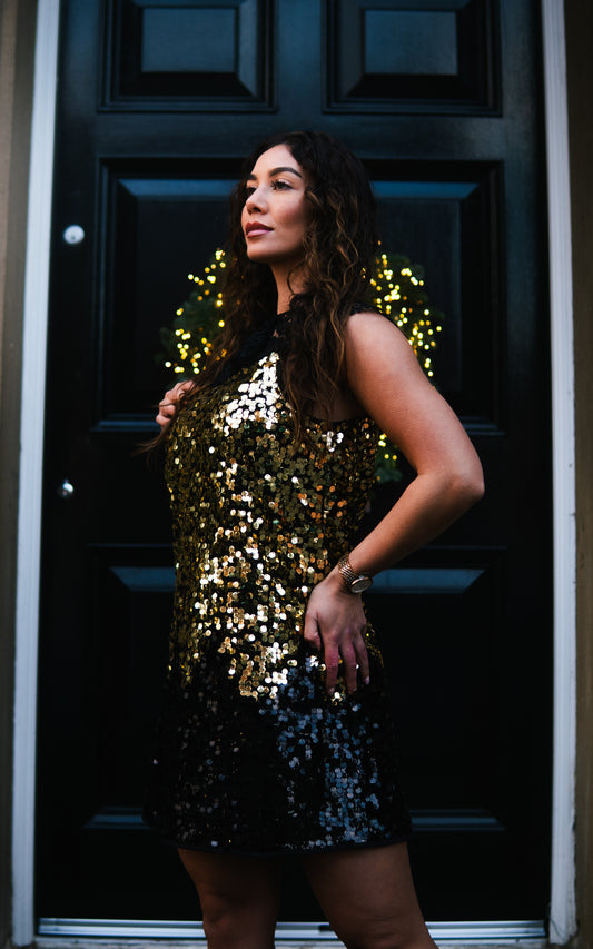 Gold and black sequin mini dress with lace detailing