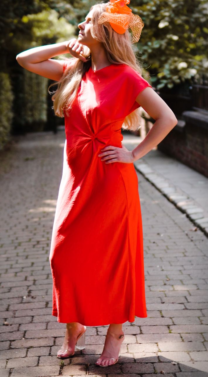 Short sleeve asymmetric midi dress in coral