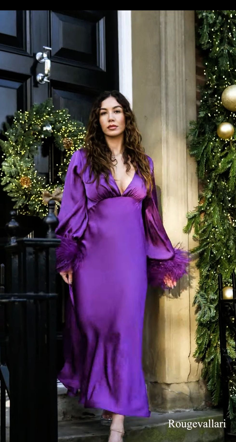 Purple Anastasia midi deep plunge dress with feather accents