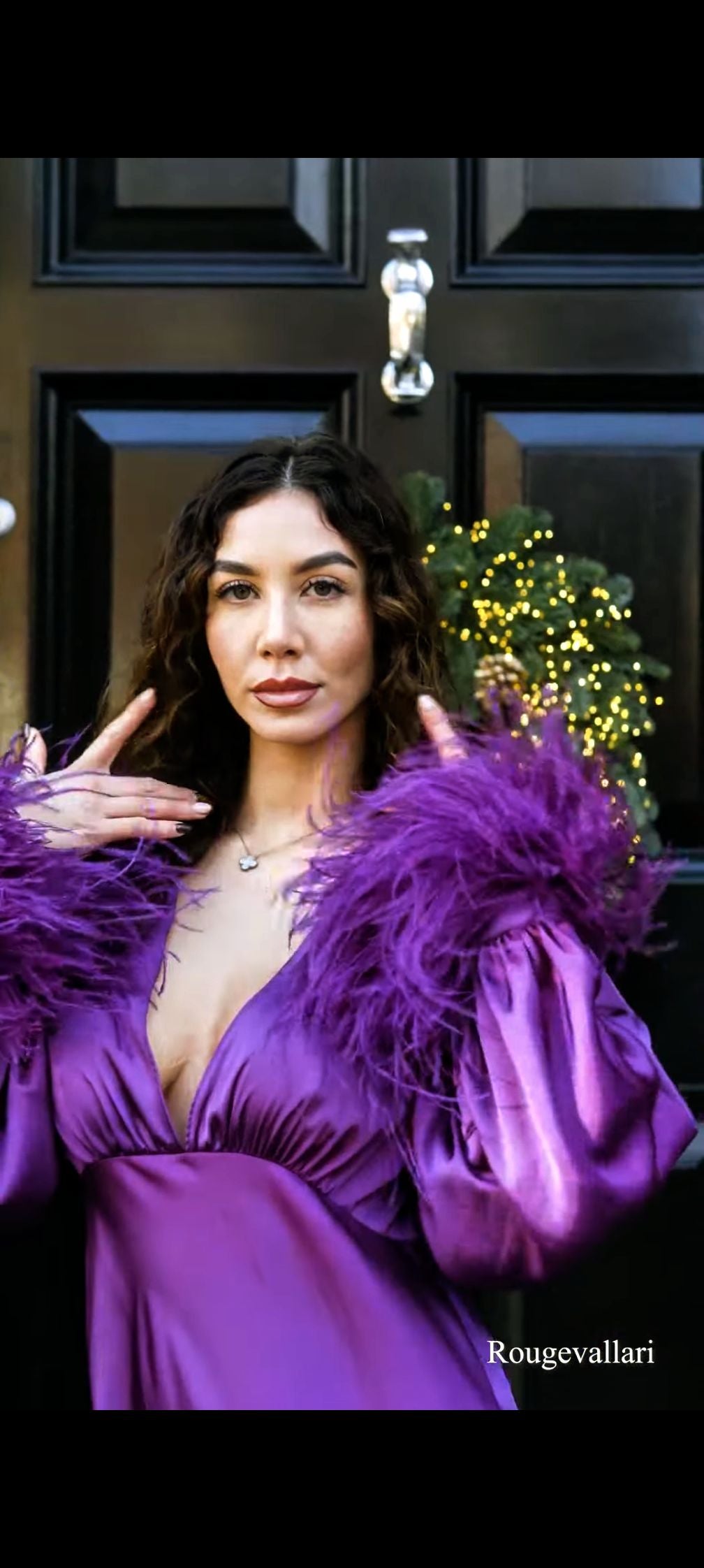 Purple Anastasia midi deep plunge dress with feather accents