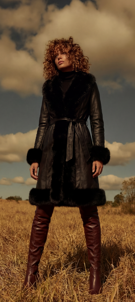 Faux Fur-Trim Leather Coat Dress