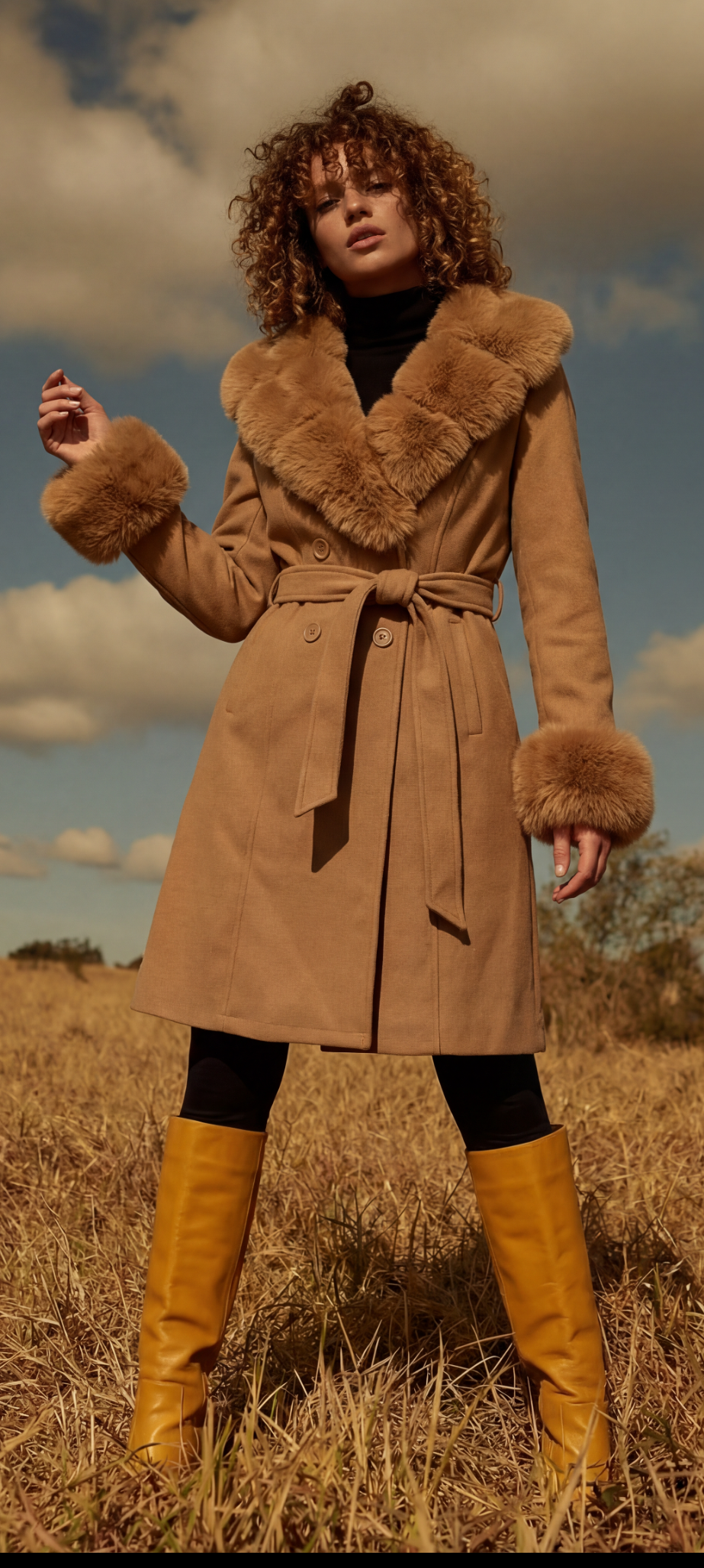 Faux Fur Trim Wrap Coat – Camel