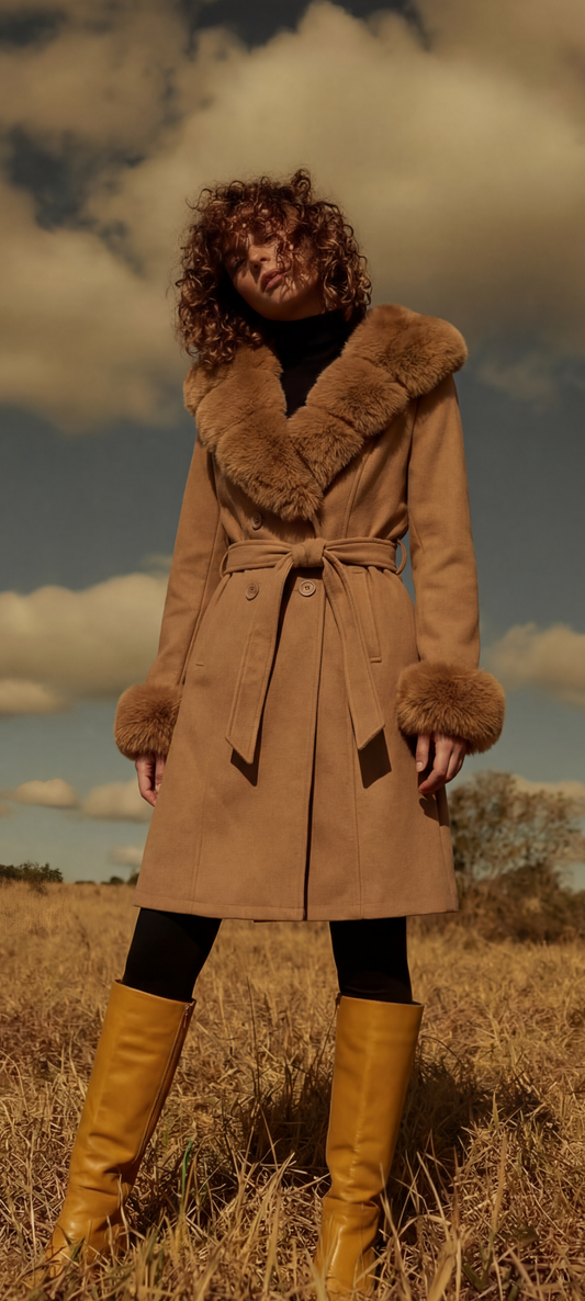 Faux Fur Trim Wrap Coat – Camel