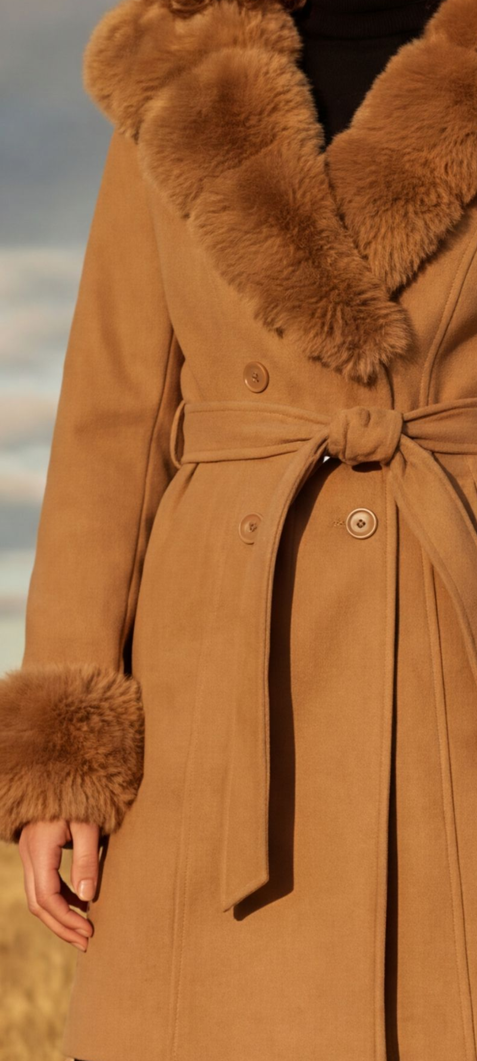 Faux Fur Trim Wrap Coat – Camel