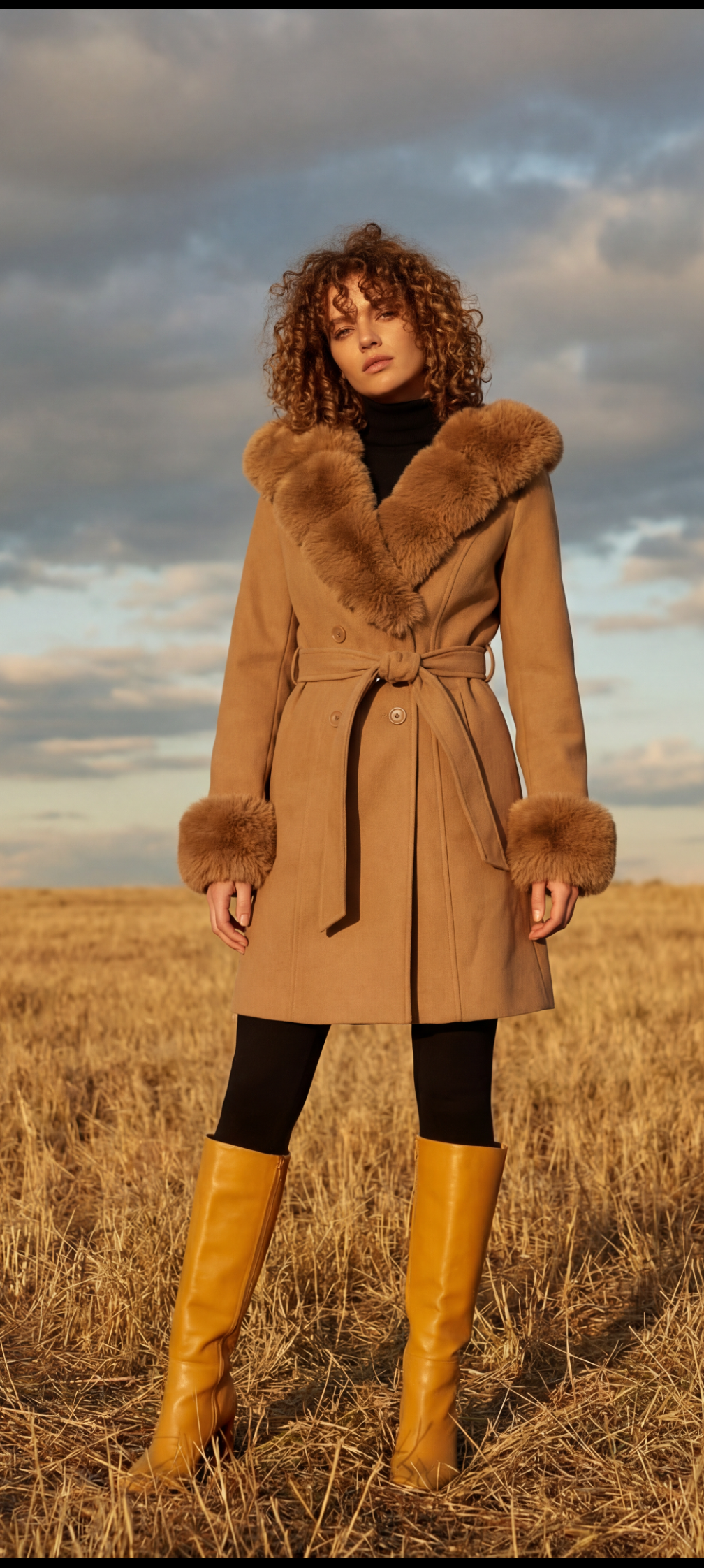 Faux Fur Trim Wrap Coat – Camel