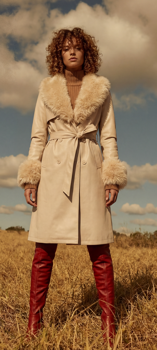 Faux Fur Trim Belted Coat – stone - ivory