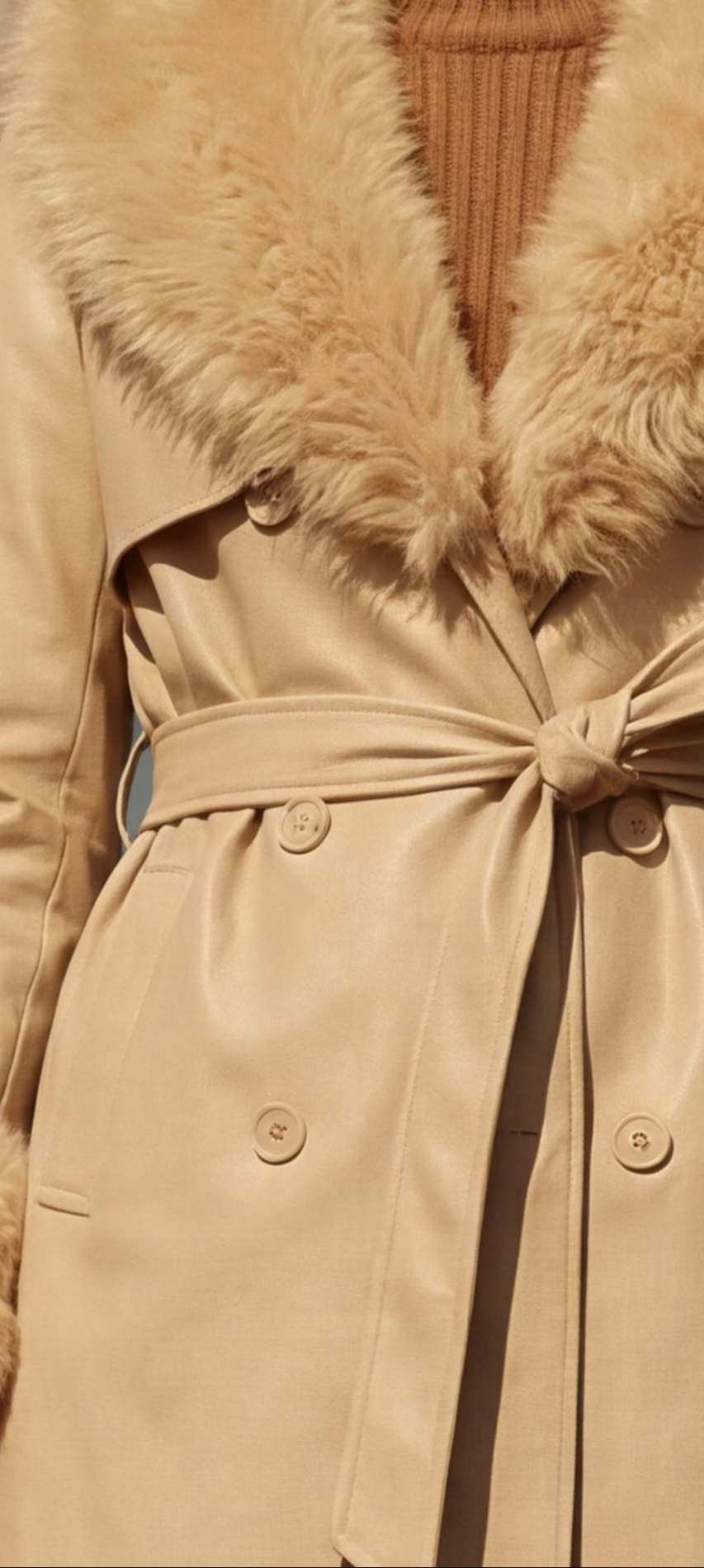 Faux Fur Trim Belted Coat – stone - ivory