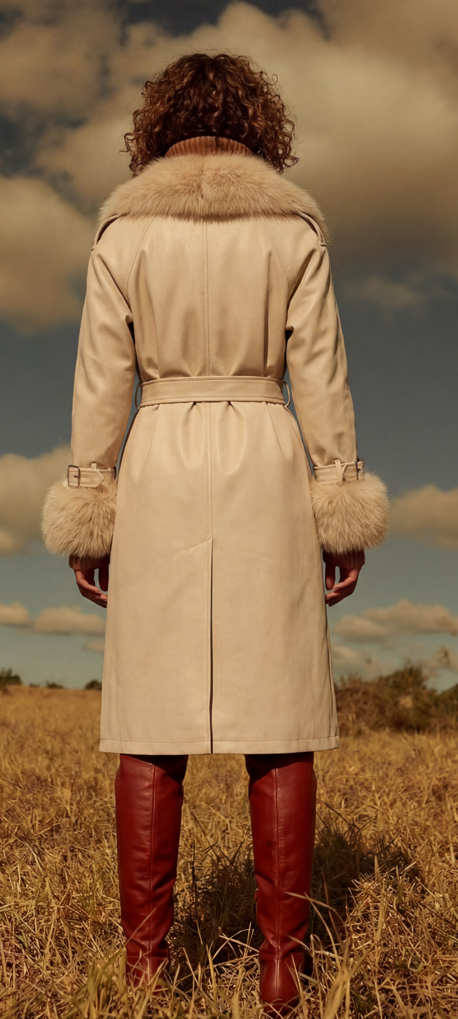 Faux Fur Trim Belted Coat – stone - ivory