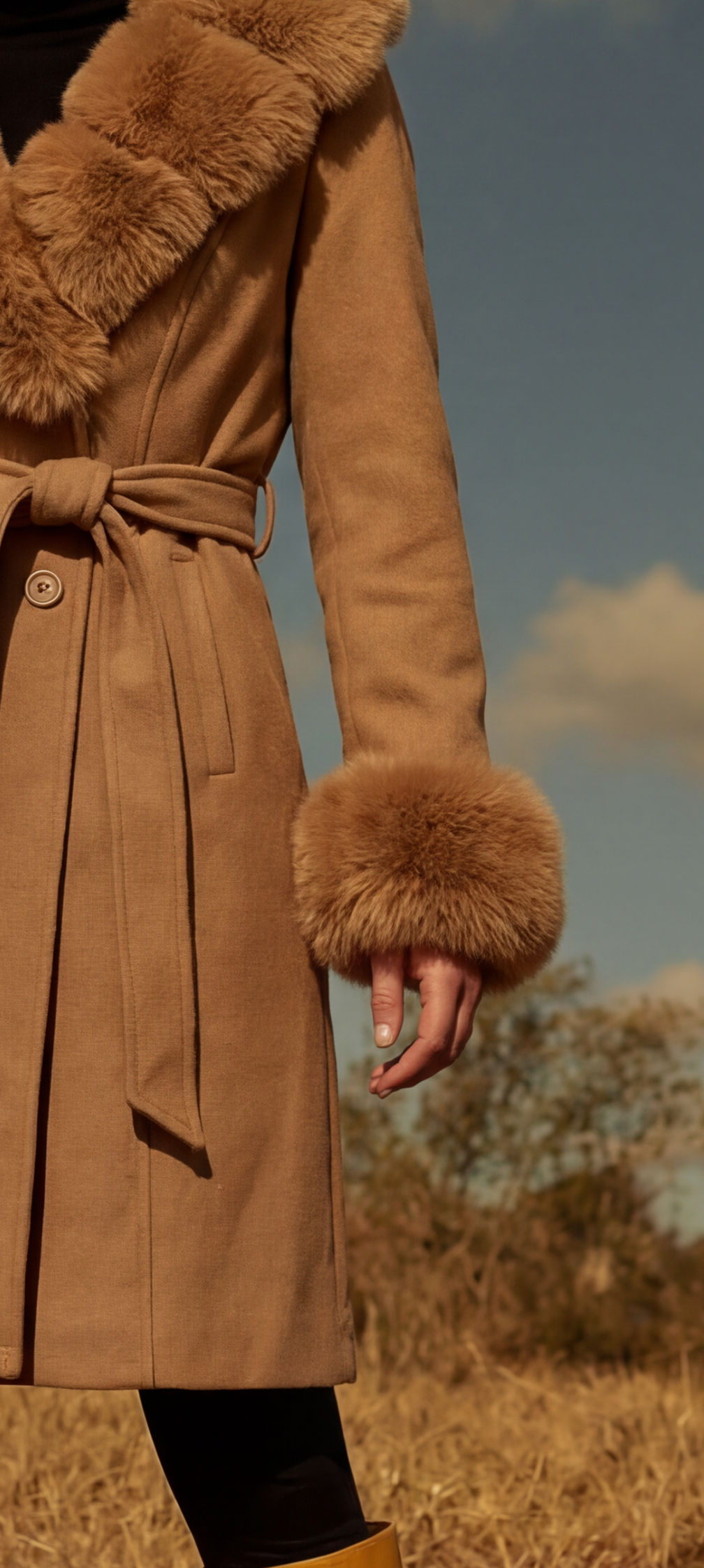 Faux Fur Trim Wrap Coat – Camel