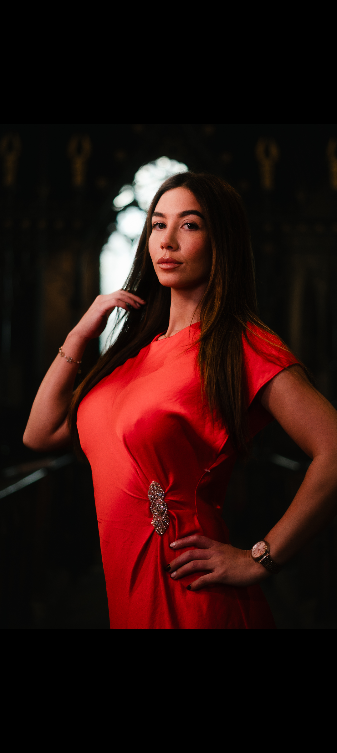 Draped coral Thalia dress
