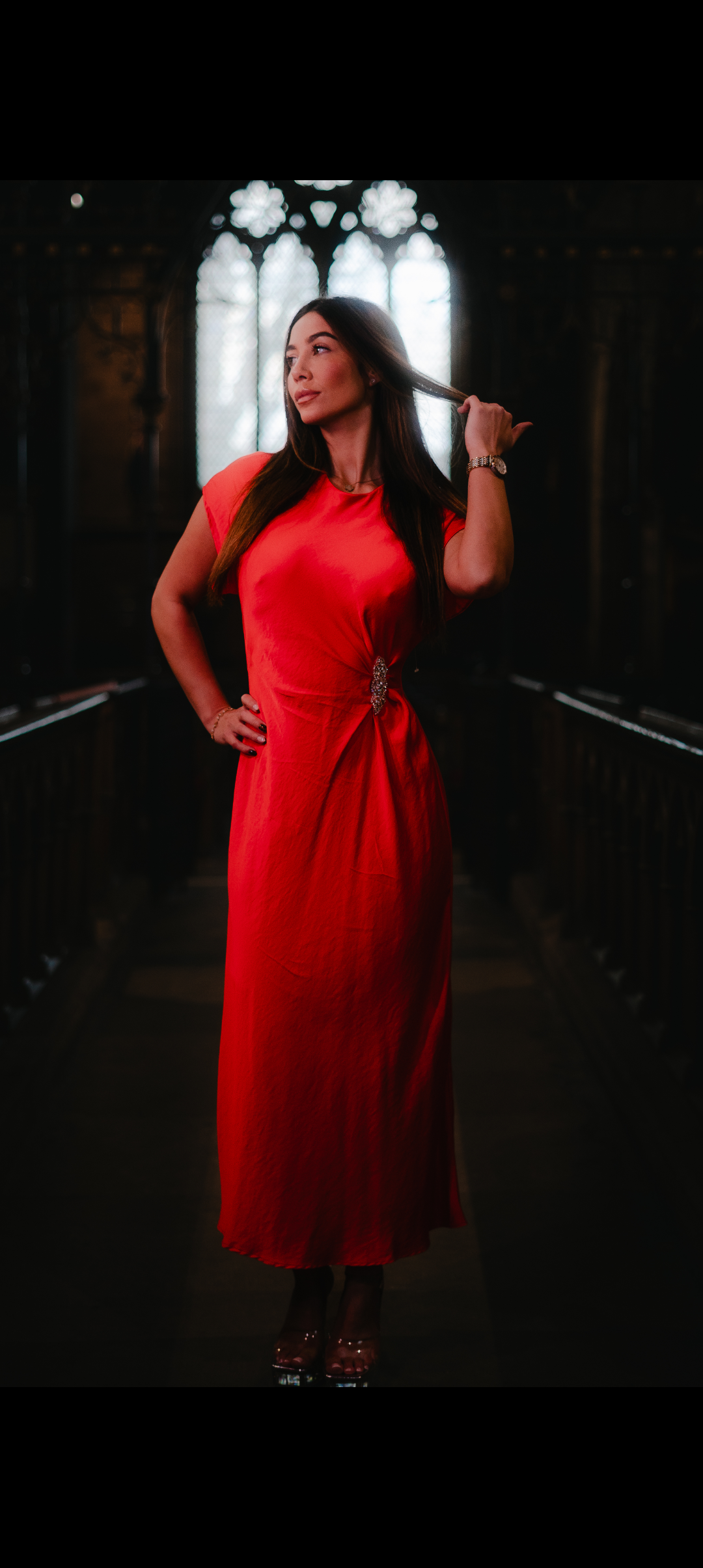 Draped coral Thalia dress