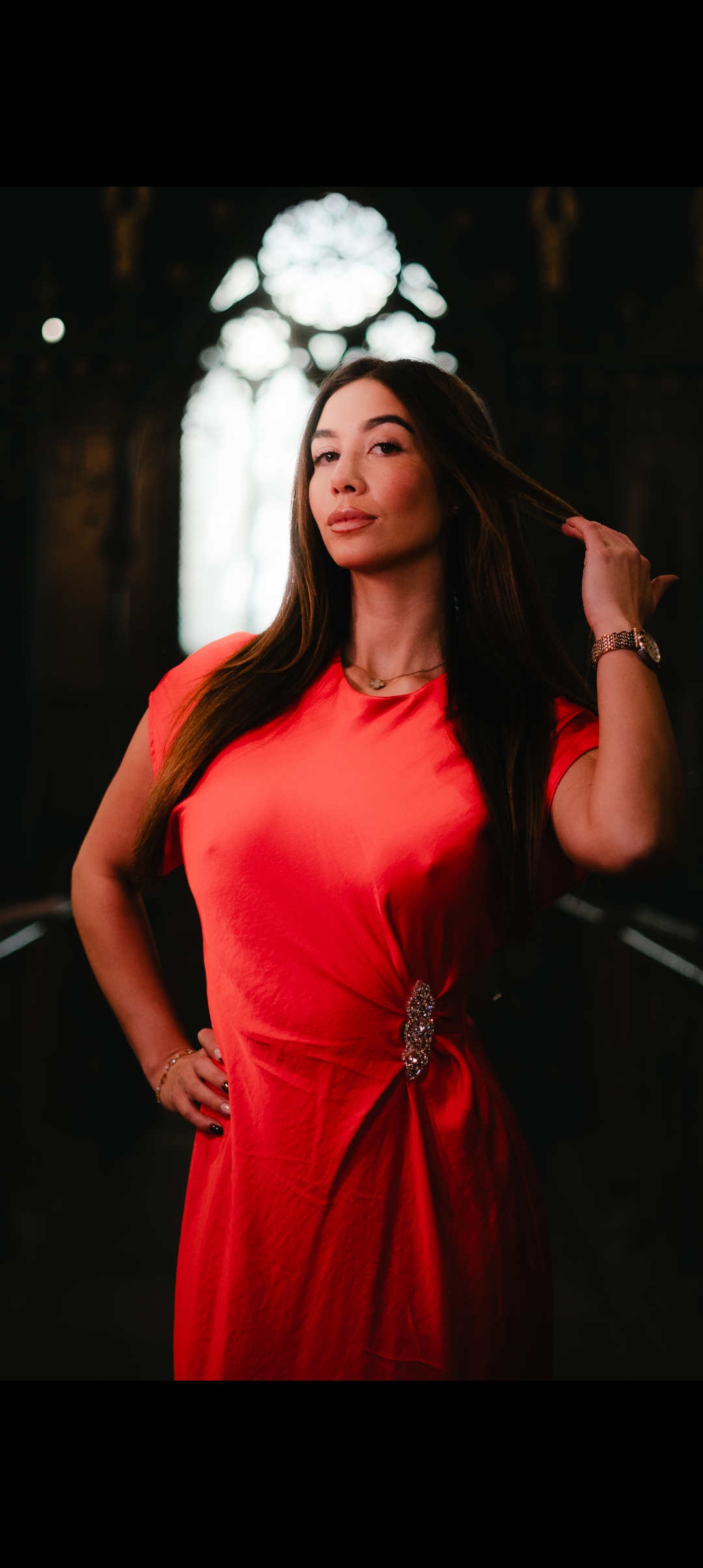 Draped coral Thalia dress