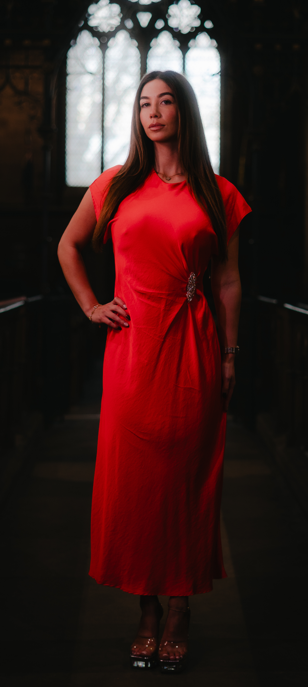 Draped coral Thalia dress