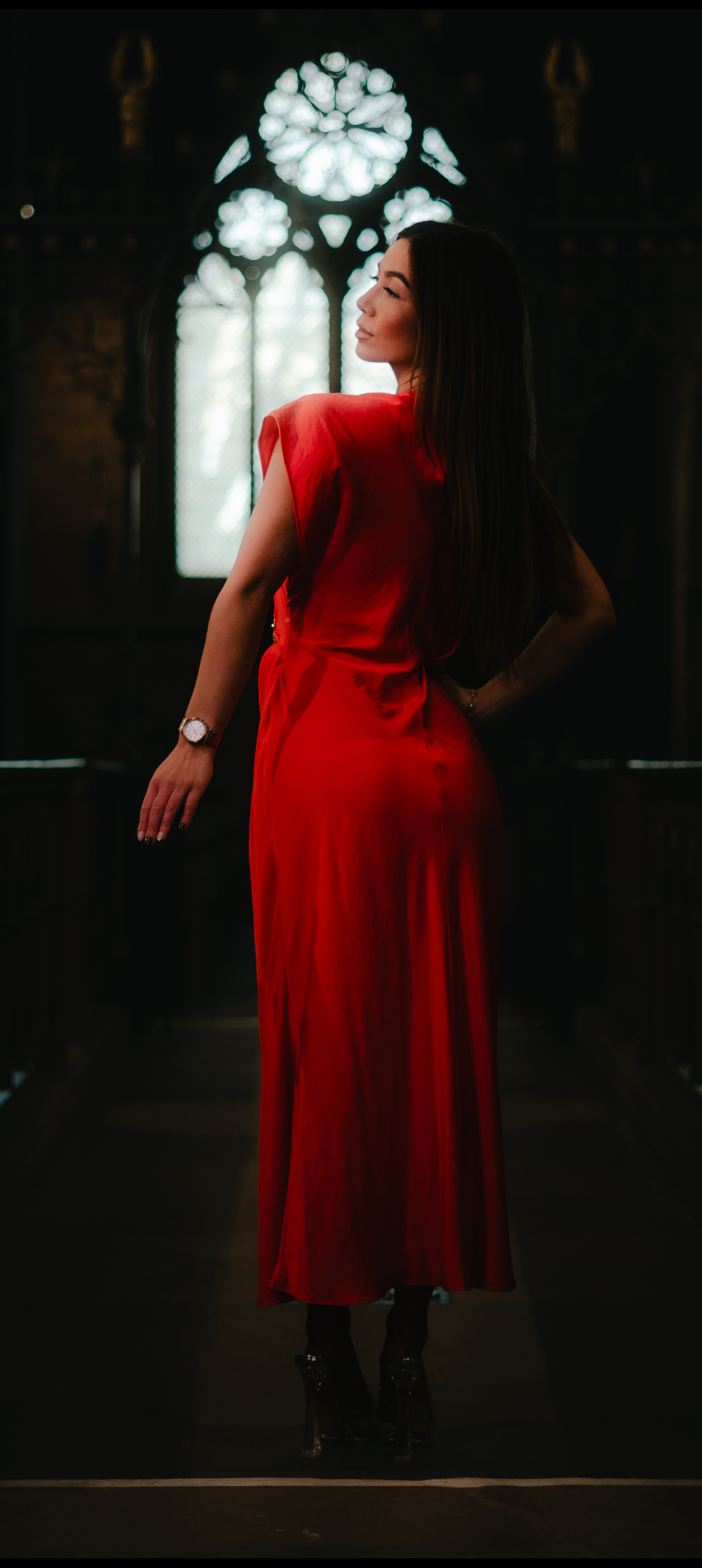 Draped coral Thalia dress