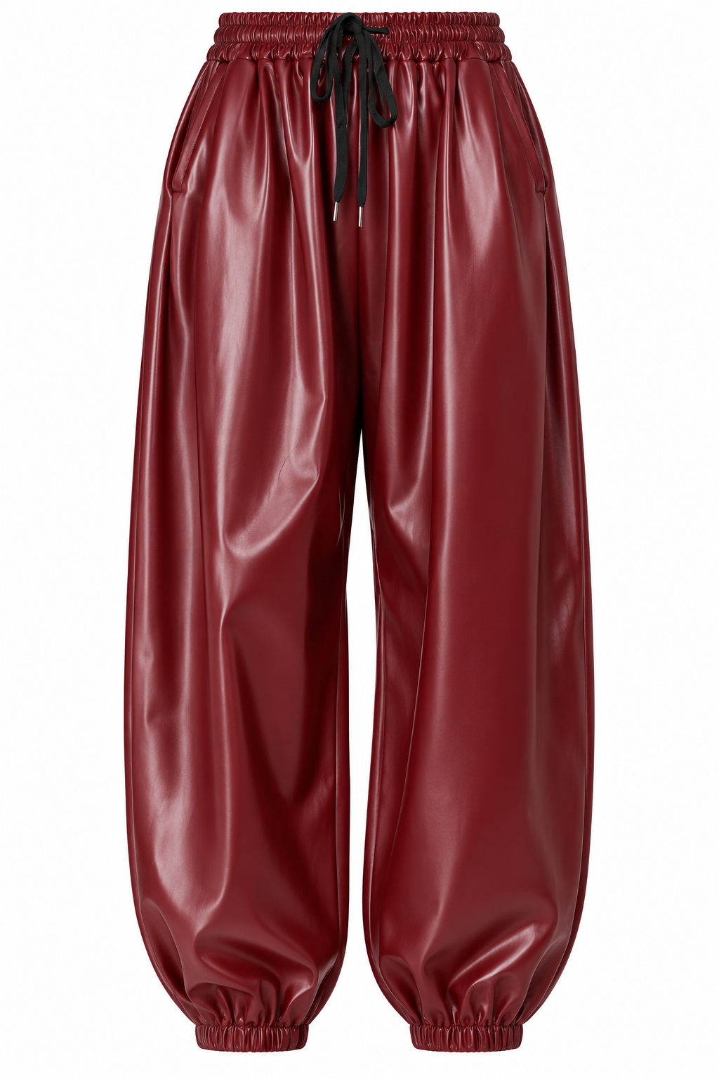 Burgundy faux leather baggy cuffed trousers