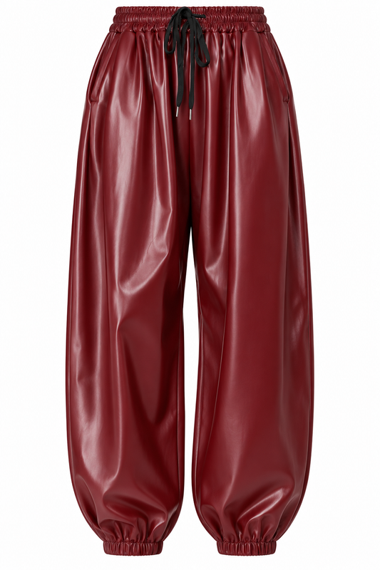 Burgundy faux leather baggy cuffed trousers