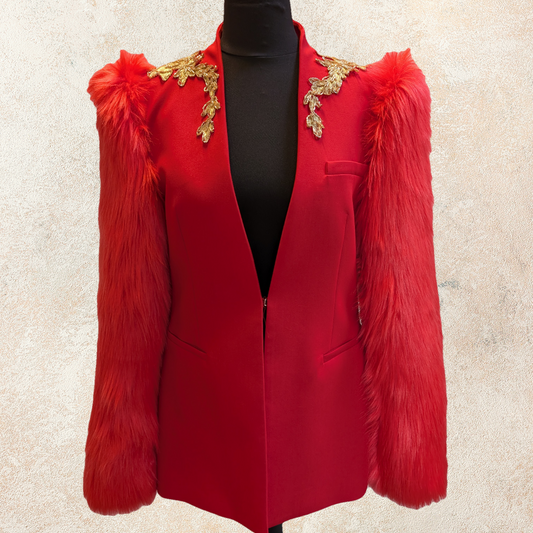 Red Blazer with Faux Fur Sleeves and Gold Applique - Stylish Jacket Design