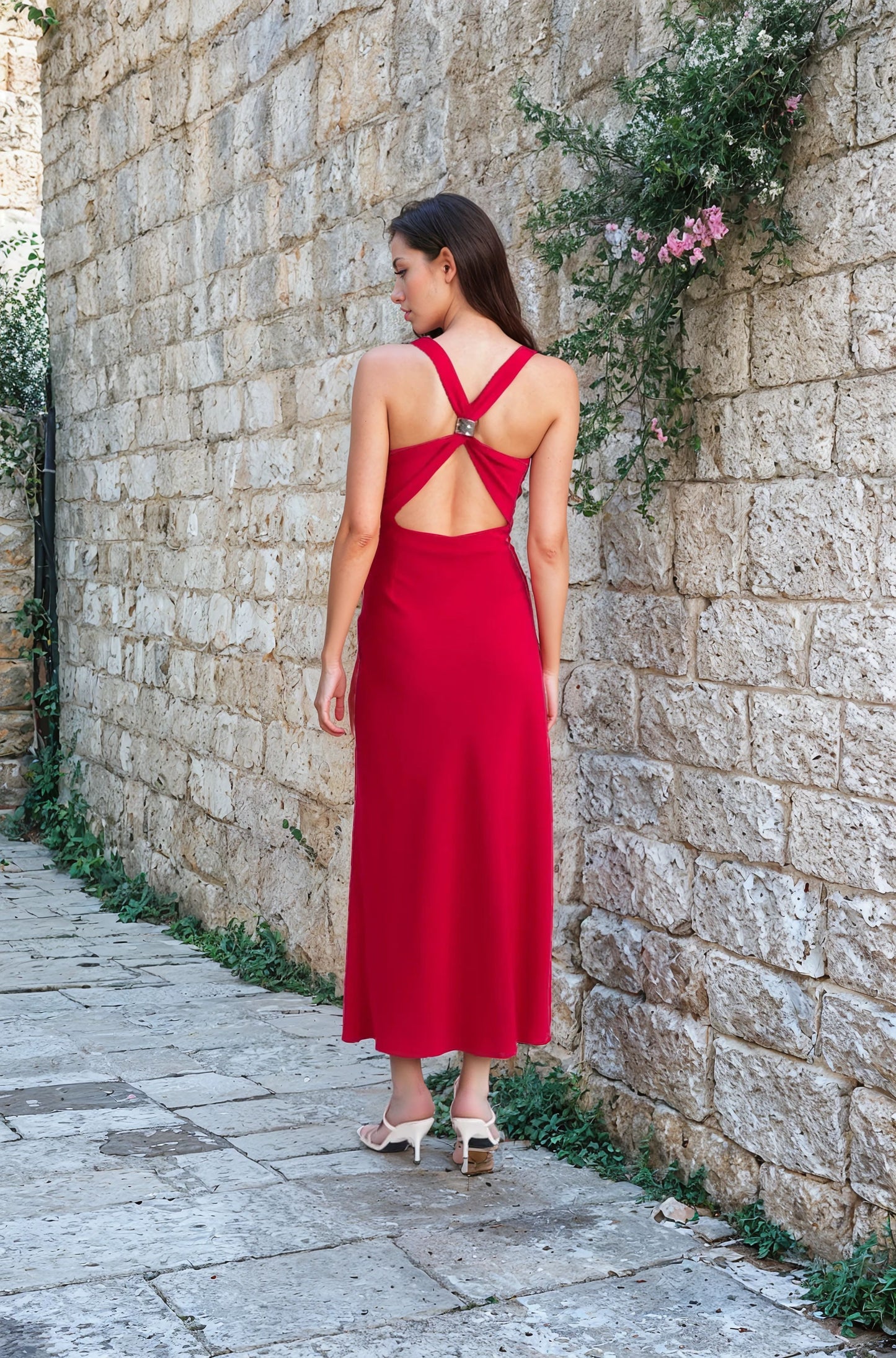 Red sleeveless cross back dress